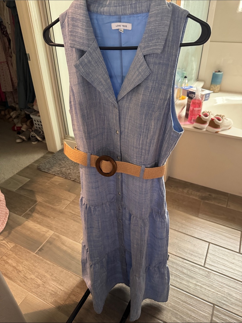 Love Tree Light Blue Sleeveless Button-Front Midi Dress with Woven Belt